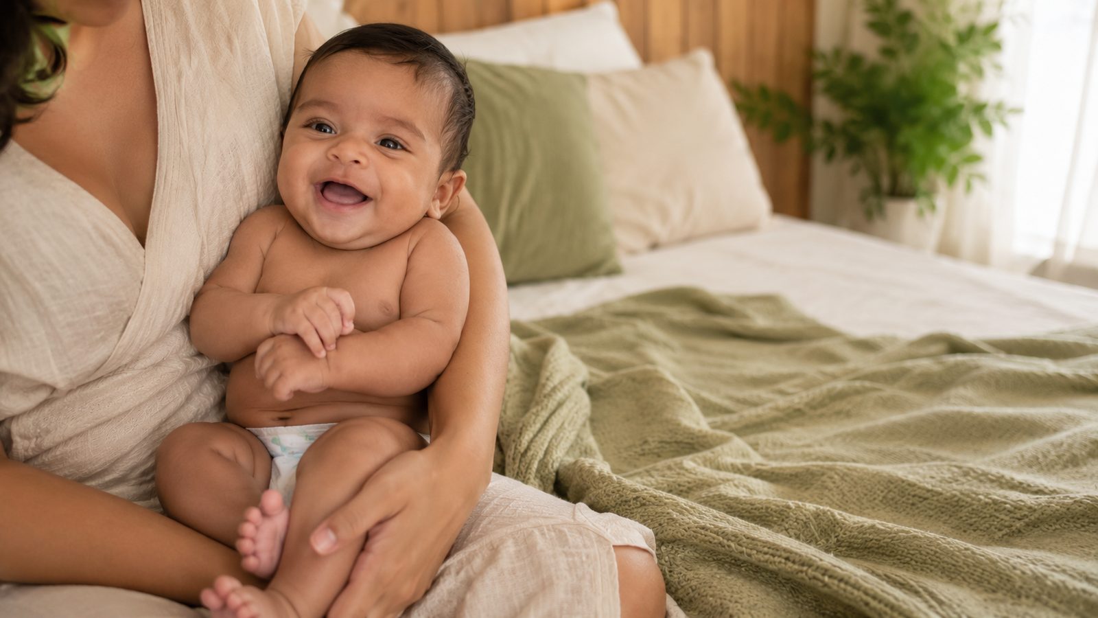 Bebê sorrindo no colo da mãe