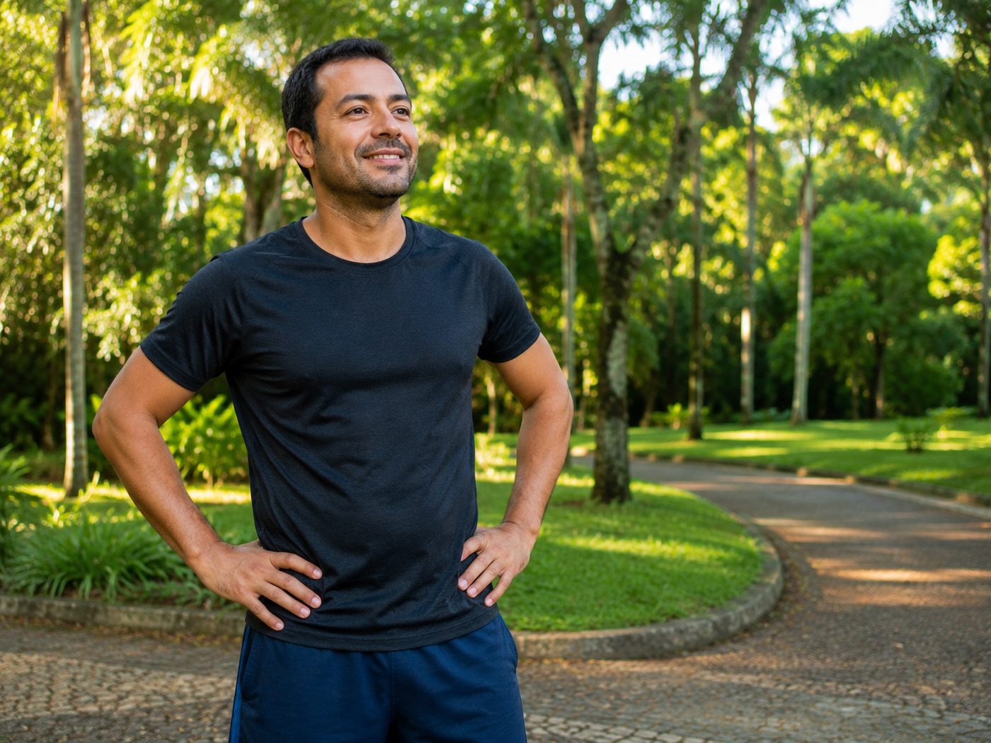 Homem sorrindo após caminhada em parque arborizado